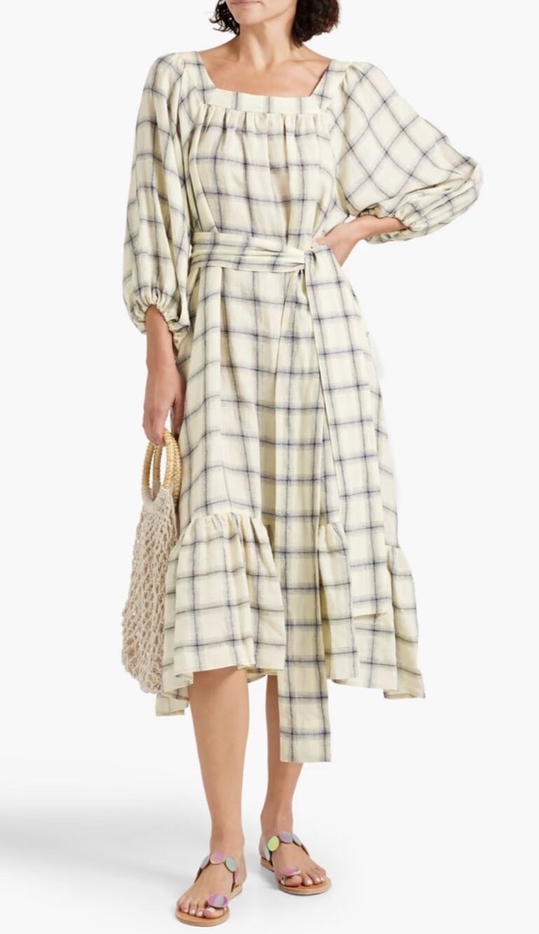 Lisa Marie Fernandez Midi Dress Laure Yellow Checked 100% Linen New